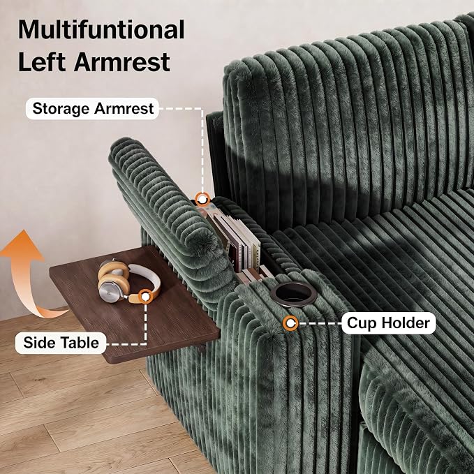 WEUP 111" Modular Sectional Sleeper Sofa with Pull Out Bed, 8 Seat Plush Corduroy U Shaped Couch with Storage Chaise|USB Ports|Cup Holders|Side Table|Storage Armrests, Tool Free Assembly, Green