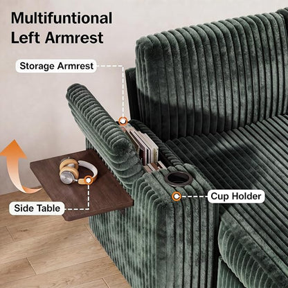 WEUP 111" Modular Sectional Sleeper Sofa with Pull Out Bed, 8 Seat Plush Corduroy U Shaped Couch with Storage Chaise|USB Ports|Cup Holders|Side Table|Storage Armrests, Tool Free Assembly, Green
