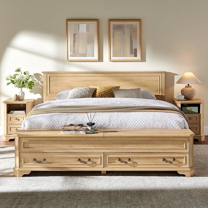 T4TREAM Farmhouse King Bed with Headboard and Storage Bench, Rustic Wood Platform Bed with 80" Storage Chest w/ 4 Large Drawer (Natrual Oak)