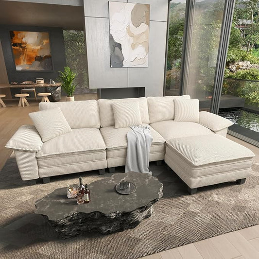 HERA'S HOUSE 124" Modular Sectional Sofa, Oversized L Shaped Couches for Living Room, Comfy Cloud Couch with Ottoman, 4-Seater Deep Seat Sofa with Throw Pillow, Corduroy Beige