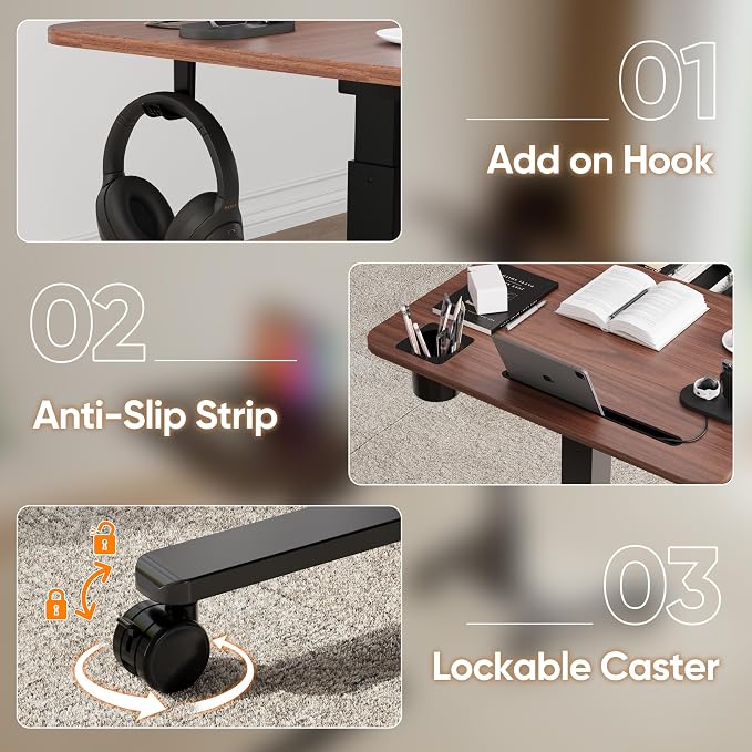 Monomi Mobile Standing Desk with Drawer, 28" Rolling Desk with Cup Holder and Hooks, Portable Laptop Cart on Wheels, Height Adjustable Workstation with Storage for Home Office, Walnut