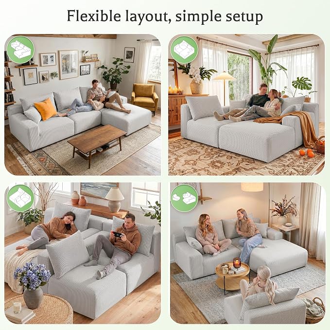 Homkdom 98" Boneless Couches for Living Room, L-Shape Modular Sectional Sofa with Deep Seat Oversized Right Facing Chaise, Cloud Couch for Apartment, Small Space (Grey-Check, Right Facing)