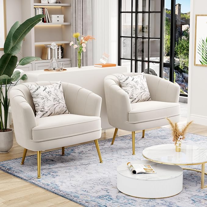 Andeworld Velvet Accent Chair, Upholstered Modern Single Sofa Side Chair,Comfy Barrel Club Living Room Armchair with Golden Metal Legs for Bedroom Living Reading Room Office, Beige