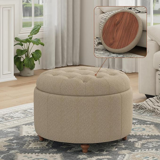 25Inch Round Ottoman with Storage, Tufted Fabric Modern Circle Ottoman with Reversible Tray Lid and Wood Legs, Multi-Functional Small Coffee Table for Living Room, Bedroom, Coffee