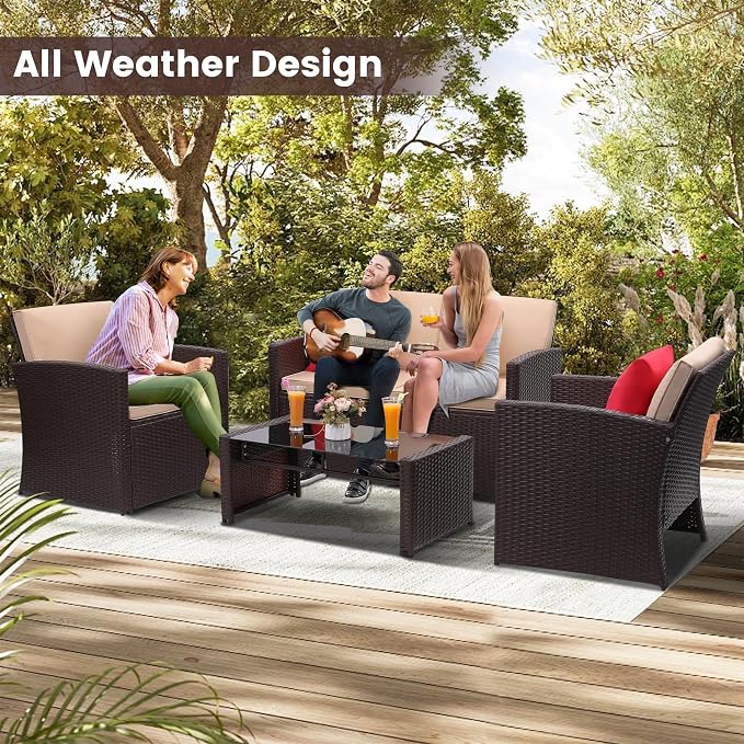 KROFEM 4-Piece Patio Furniture Set, Wicker Outdoor Rattan Sectional Sofa with Cushions and Glass Table, All-Weather Outdoor Conversation Set for Garden, Porch, Backyard, Patio, Beige