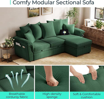 LINSY HOME 90.5'' Sectional Sleeper Sofa with Pull Out Couch Bed Modular (Green, 90.5'') | USB Charging