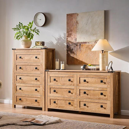 T4TREAM 54" Wide Farmhouse 6-Drawer Dresser for Bedroom, Light Knotty Oak | Rustic, Wood Storage Cabinet, Metal Handle, Unique Corner Accent, Bedroom, Living Room, Hallway