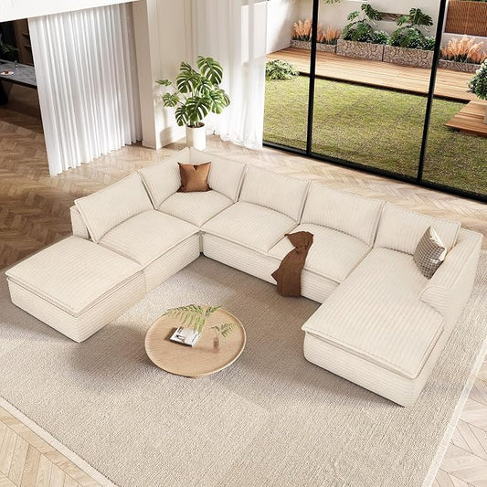 Vesgantti 141.7" Oversized Sectional Boneless Couch, Modern 7 Seater Modular Sofa with Chaise & Ottoman, Deep Seat Plush Corduroy Cloud Couches for Living Room, No Assembly Required, Beige