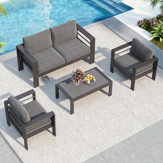 Solaste Aluminum Patio Furniture Set for All Weather, Oversized Metal Outdoor Furniture Set with 27.5" Deep Seating and 3.2" Wide Armrest, Outdoor Patio Conversation Sets with 10" Back Cushion, Gray