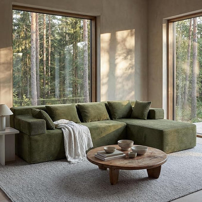 MONVANE 106" Cloud Sectional Couch with L-Shaped Chaise, Modular Sectional Sofa with Deep Seat and Removable Armrests, Comfy Corduroy Boneless Couches for Living Room, No Assembly Required, Green