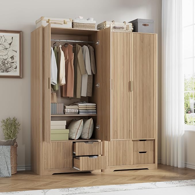 Vabches 71” Fluted Armoire Wardrobe Closet with 2 Doors and Drawers Tall Wooden Wardrobe Cabinet with Large Storage, Hanging Rod, 2 Shelves, Golden Metal Handle