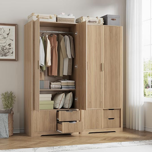 Vabches 71” Fluted Armoire Wardrobe Closet with 2 Doors and Drawers Tall Wooden Wardrobe Cabinet with Large Storage, Hanging Rod, 2 Shelves, Golden Metal Handle