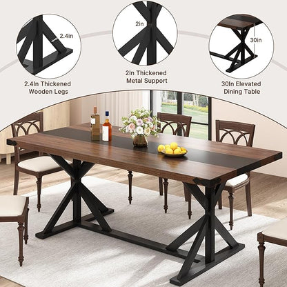 Hlivelood 71 Inch Dining Table for 6 People, Rectangular Kitchen Farmhouse Table W/Thickness Waterproof Wood Tabletop,Long Dining Room Tables W/Wood Strip Base for Kitchen Living Room(Brown&Black)