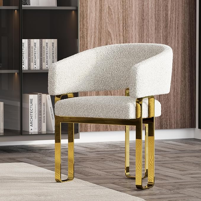 Dining Chairs Set of 5, White and Gold Barrel Boucle Dining Chairs with Arms and U-Shaped Mirrored Gold Legs, Contemporary Side Chairs for Dining Table, Kitchen and Dining Room Restaurant