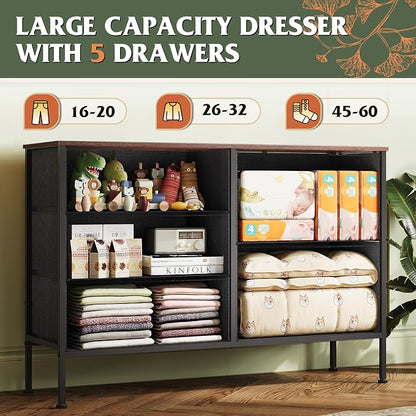 WLIVE Dresser for Bedroom with 5 Drawers, Wide Chest of Drawers for Bedroom, Fabric Dresser for Living Room, Closet, Hallway, Floral Painted