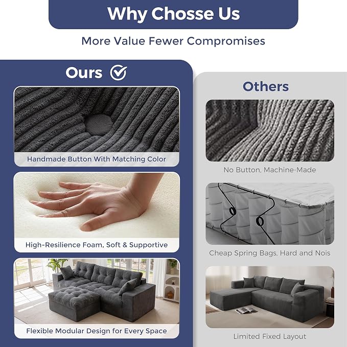 MAXYOYO 104" L Shaped Modular Sectional Sofa with Ottoman, Cloud Boneless Couch with Layered Cushion, Upholstered Sofa Flexible Module Combination for Living Room, No Assembly, Dark Grey