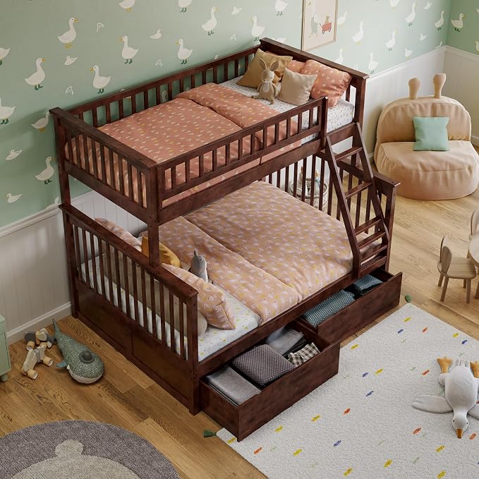 AFI, Columbia Twin Over Full Ladder Bunk Bed with Storage Drawers, Walnut