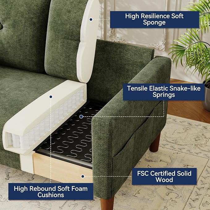 Vipbear 48" Loveseat Sofa,Modern Small Couches for Small Spaces,Green Chenille Love Seat Couch for Living Room,Bedroom,Apartment,Office,Deep Seat,Throw Pillow,Side Pockets,Square Armrest
