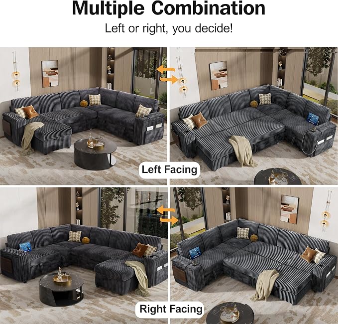 Vipbear 111" Modular Sectional Sleeper Sofa with Pull Out Bed, 7 Seat Corduroy L Shaped Couch with Ottoman|USB Ports|Cup Holders|Side Table|Storage Armrest, Tool Free Assembly, Grey