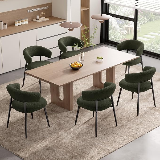 Dining Chairs Set of 6, Mid Century Modern Kitchen Chairs, Boucle Upholstered Dining Chair with Curved Backrest & Metal Legs for Kitchen Dining Room, Green