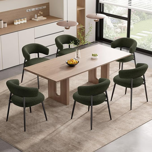Dining Chairs Set of 6, Mid Century Modern Kitchen Chairs, Boucle Upholstered Dining Chair with Curved Backrest & Metal Legs for Kitchen Dining Room, Green
