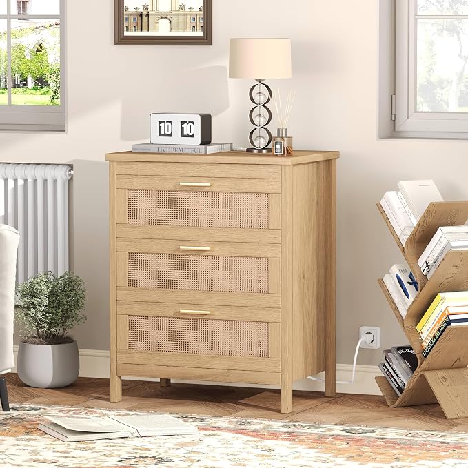 Keehusux Rattan Nightstand with Charging Station, 23.6" Wide Bedside Table with 3 Drawers, Boho Night Stand with Metal Handles, Accent End Table for Bedroom, Guest Room, Natural