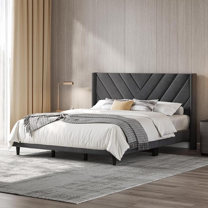 Yaheetech King Bed Frame Upholstered Platform Bed/Wooden Slat Support/Tufted Headboard with Wing Side/Mattress Foundation/No Box Spring Needed,Dark Gray King