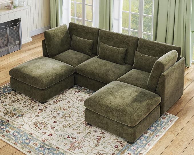 115" Oversized Chenille Couch Modular Sectional Sofa, Washable Cloud Couch Sectional with 2 Ottoman, 5 Seater Sectional Couches for Living Room, Fully Cover Removable, U Shaped, Chenille, Green