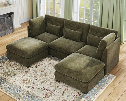 115" Oversized Chenille Couch Modular Sectional Sofa, Washable Cloud Couch Sectional with 2 Ottoman, 5 Seater Sectional Couches for Living Room, Fully Cover Removable, U Shaped, Chenille, Green