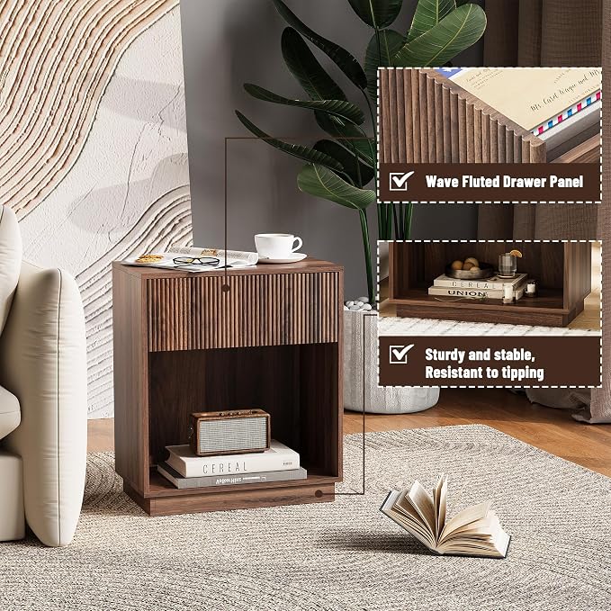Fluted Nightstands Set of 2, Modern Bedside Table with Drawer and Storage Shelf, Wood End Table Mid Century Night Stands for Bedroom Living Room Sofa Couch Office (Walnut)
