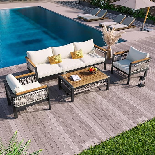 VilroCaz 4 Pieces Outdoor Sectional Sofa Set, All-Weather Patio Seating Group Cnversation Set with Cushions and Coffee Table for Patios Gardens Balcony, Sturdy Steel Frame (Beige+Metal & Wood)