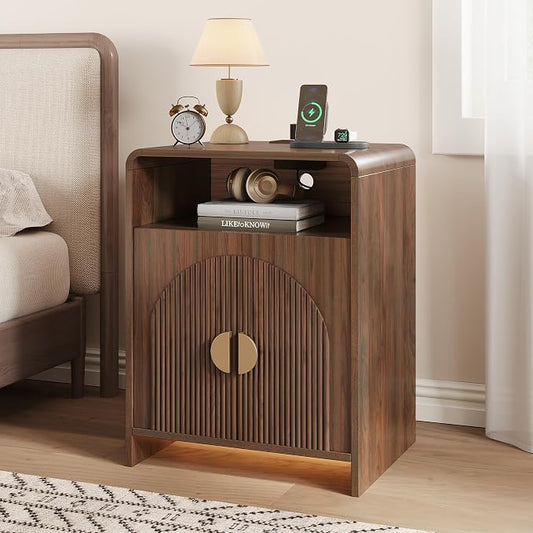 Nightstand with Charging Station and LED Lights, Night Stands with Adjustable Storage Cabinet, Modern Side Table with Fluted Doors and Open Storage, Bedside Table for Bedroom, Walnut