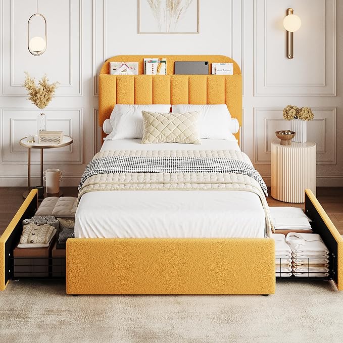 GarveeHome Twin Bed Frame with Storage Headboard, Kids Bed Frame with 2 Drawers, Boucle Upholstered Platform Bed with Bookcase, No Box Spring Needed, Easy Assembly, Yellow