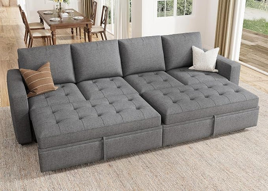 HONBAY Modular Sectional Sleeper Sofa with Pull Out Bed, Linen Convertible Sectional Couches for Living Room,Grey