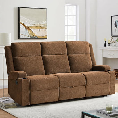 GUEAPY Large Manual Reclining Sofa 3-Seater Chenille Recliner Couch with Cup Holders, Wide Seat, Easy Assembly & Spill-Resistant Fabric Cozy Reclining Sofa for Living Room, Apartment, RV, Brown