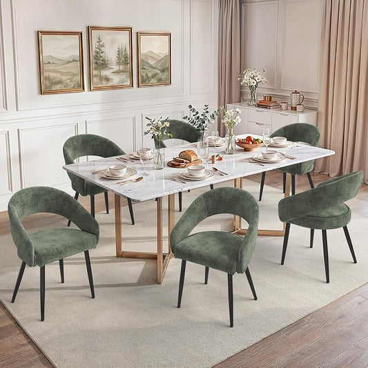 LUE BONA Modern Dining Chairs Set of 6, Upholstered Armrest Side Chairs for Kitchen & Dining Room, 18.5" Seat Height, Comfortable Curved Hollow Backrest, Black Metal Legs, Easy Assembly, Grayish Green