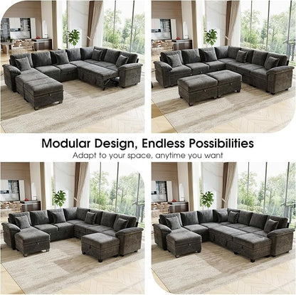 107.8" Oversized Modular Sectional Sofa with Pull Out Bed, 9 Seat U Shaped Sectional Sleeper Sofa with 291L Storage, Convertible Cloud Couch Bed, Sectional Couches for Living Room, Apartment (Gray)