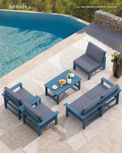 SERWALL HDPE Patio Conversation Set, 6-piece Sectional Outdoor Furniture Set, All Weather Outdoor Couch Set Patio Furniture Set for Deck, Lawn, Blue Frame with Grey Cushion