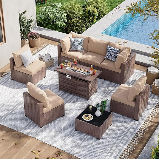 Aoxun 8 Piece Patio Furniture Set with 44” Fire Pit Table, Wicker Rattan Patio Sectional Sofa, Outdoor Furniture Set with Thickened Cushion, Brown