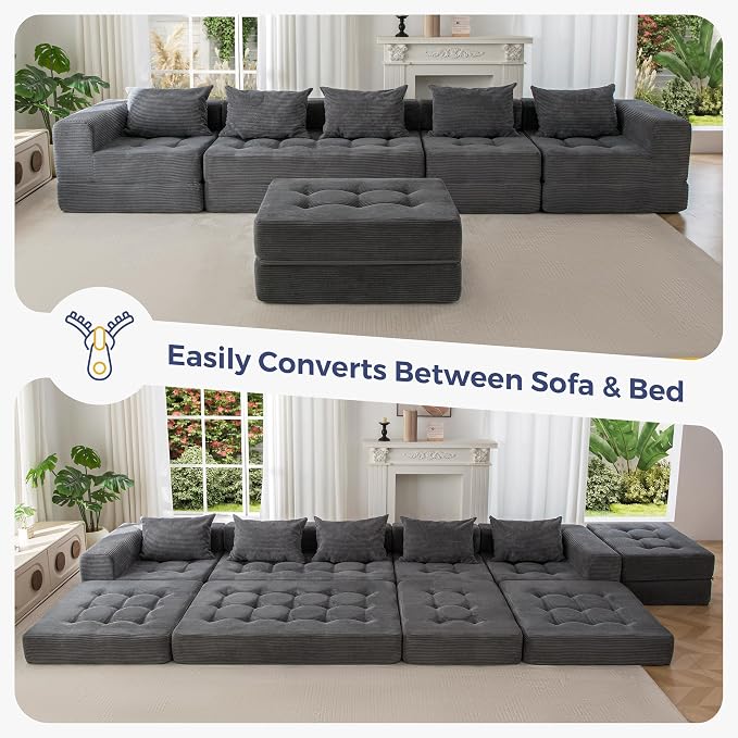 MAXYOYO Modular Sectional Sofa Couch, Foldable U Shaped Cloud Couch with Pillows, Tufted 6-Seat Boneless Lounger Floor Sofa Bed for Living Room, No Assembly Required, Dark Grey