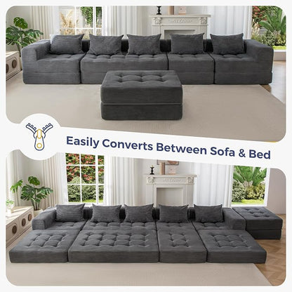 MAXYOYO Modular Sectional Sofa Couch, Foldable U Shaped Cloud Couch with Pillows, Tufted 6-Seat Boneless Lounger Floor Sofa Bed for Living Room, No Assembly Required, Dark Grey