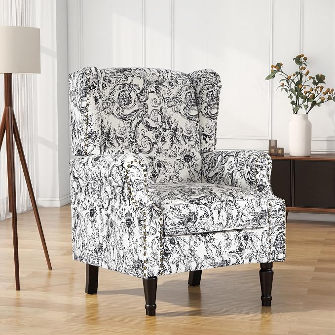 High Back Floral Accent Chair, Fabric Wingback Chair Upholstered Armchair for Living Room - Rococo Black