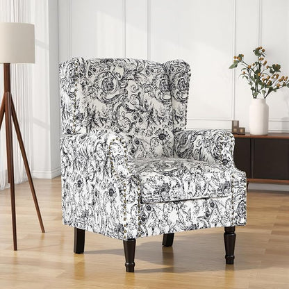 High Back Floral Accent Chair, Fabric Wingback Chair Upholstered Armchair for Living Room - Rococo Black