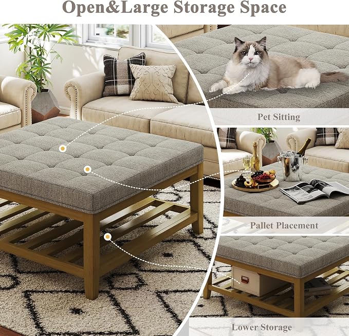 Befurtori Large Square Ottoman Coffee Table, Linen Solid Upholstered Footrest Ottoman with Solid Wood Shelf Storage Tufted Coffee Table for Bedroom Living Room, Gray Linen