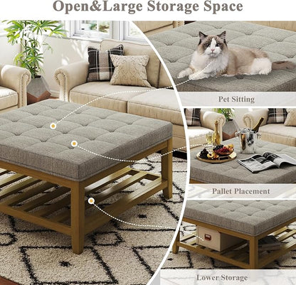 Befurtori Large Square Ottoman Coffee Table, Linen Solid Upholstered Footrest Ottoman with Solid Wood Shelf Storage Tufted Coffee Table for Bedroom Living Room, Gray Linen