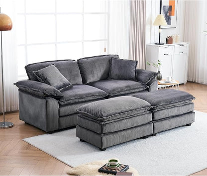 84.6” Corduroy Loveseat with Ottoman, Oversized Double Chaise Lounge Chair Indoor Deep Seat Two Seater Couch Cloud Couch Modular Sectional Sofa for Living Room(Corduroy Grey)