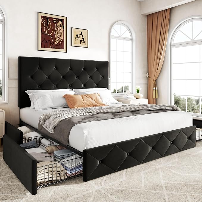 Allewie Upholstered Queen Size Platform Bed Frame with 4 Storage Drawers and Adjustable Headboard, Diamond Button Tufted, Wooden Slats Support, Noise-Free, No Box Spring Needed, Easy Assembly, Black