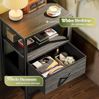 Huuger Night Stand Set of 2, Nightstand with 2 Drawers, Bed Side Table with Open Shelf, Wooden Top, End Table, Fabric Drawer with Charcoal Black Wood Grain Print, for Bedroom