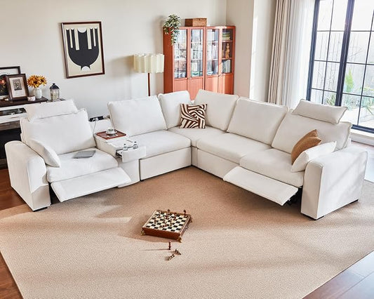 Oversized Modular Sectional Sofa with Double Power Recliner, Cloud Reclining Couch with Headrest, Storage Drawer Charging Cup Holders, Deep L-Shaped 6 Seater with Corner, Chenille, White