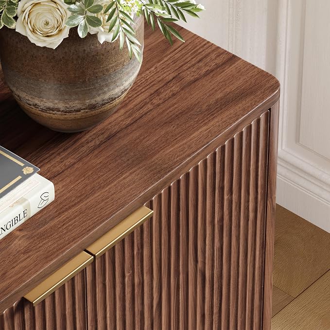 Evermagin 94.5" Fluted Walnut Buffet Cabinet Sideboard with Storage, TV Stands with 6 Doors, Wood Mid Century Modern Credenza for Kitchen and Living Room (94.5" W*31.5" H*15.7" D), Walnut